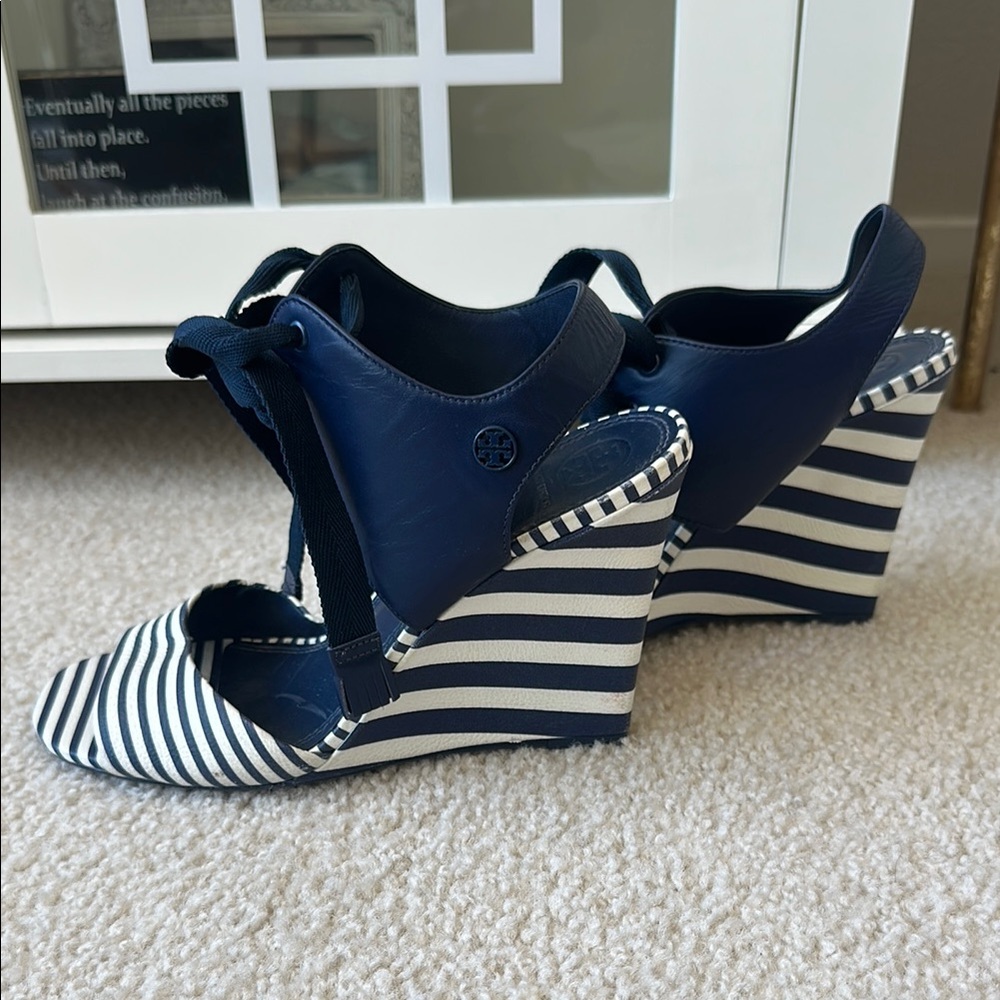 Navy Striped Tory Burch Wedge Sandals